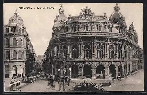 AK Genova, Strassenbahnen in Fahrt, Palazzo del` a Borsa