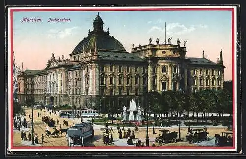 AK München, Strassenbahnen vor dem Justizpalast