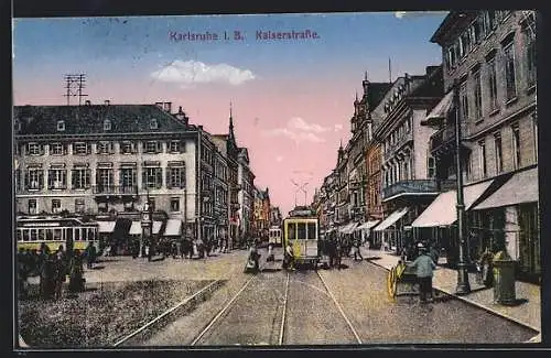 AK Karlsruhe, Strassenbahn in der Kaiserstrasse