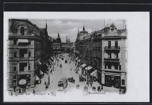 AK Frankfurt a. M., Kaiserstrasse mit Strassenbahnen aus der Vogelschau