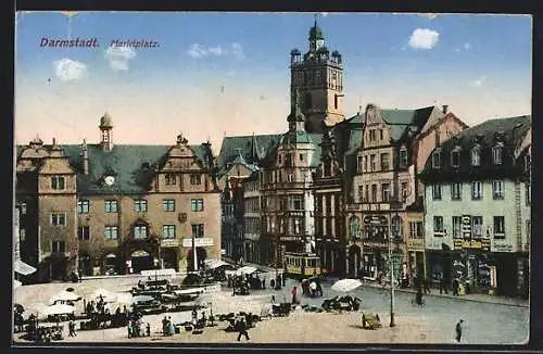 AK Darmstadt, Marktplatz mit Strassenbahn