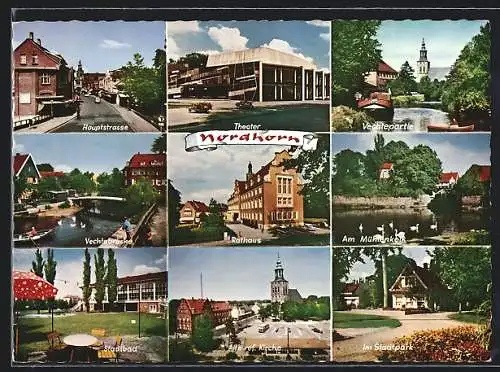 AK Nordhorn, Hauptstrasse, Stadtbad, Theater, Rathaus