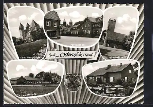 AK Osterwick i. Westf., Kindergarten, Feuerwehrturm, Volksschule