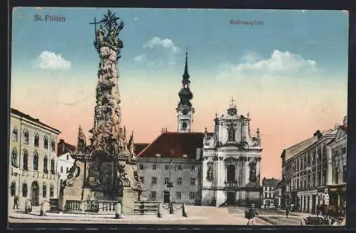 AK St. Pölten, Rathausplatz mit Dreifaltigkeitssäule