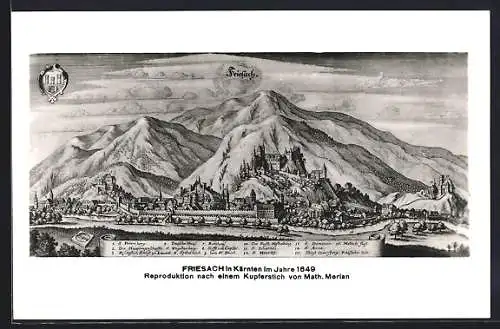AK Friesach, Alte Ansicht nach Merian 1649