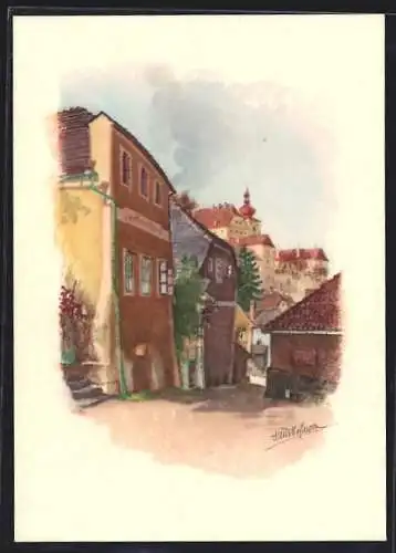 Künstler-AK Enns, Blick von der Reichsstrasse (Wienerberg) zum Schloss Ennesegg