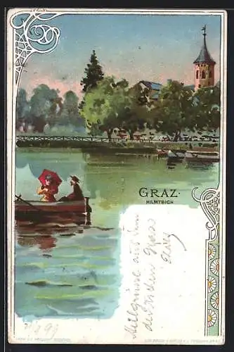 Künstler-AK Graz, Hilmteich, Ruderboot