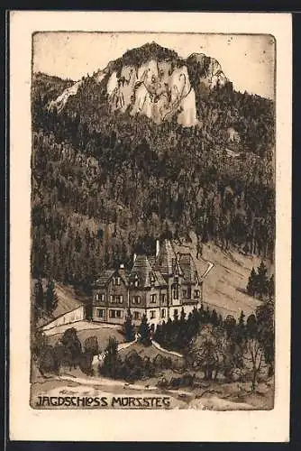 Künstler-AK Mürzsteg, Jagdschloss Mürzsteg, Ansicht von oben mit Berggipfel