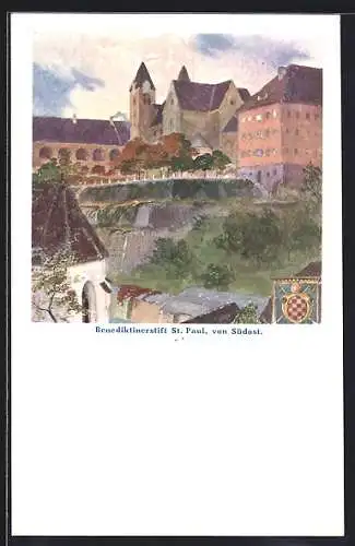 Künstler-AK St. Paul, Benediktinerstift St. Paul von Südost, Wappen