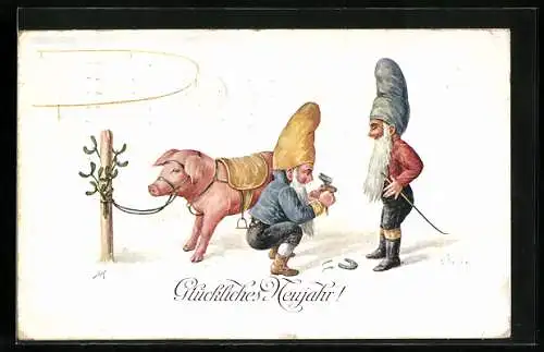 Künstler-AK C. Öhler: Zwerge mit Hufeisen und Glücksschwein