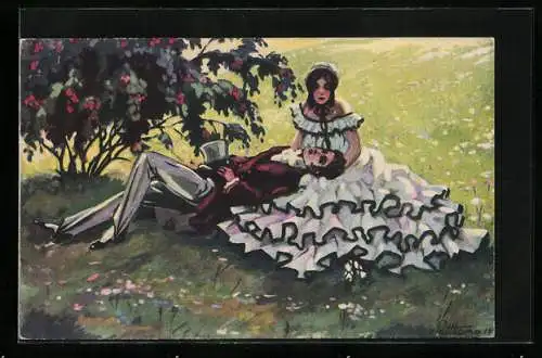 Künstler-AK von Puttkammer: Liebespaar auf einer Blumenwiese