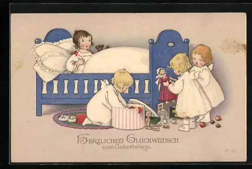 AK Bonne Année, Neujahrsengel spielen am Bett des Mädchens mit den Puppen