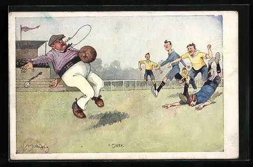 Künstler-AK Fritz Schönpflug: Schiedsrichter wird auf dem Fussballfeld angeschossen