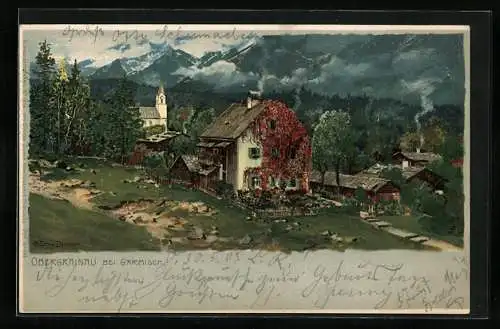 Künstler-AK Zeno Diemer: Obergrainau bei Garmisch, Teilansicht, Haus mit rotem Efeu