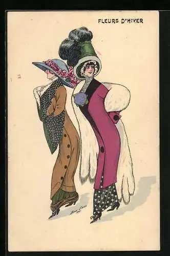 Künstler-AK Xavier Sager: Zwei Damen mit Pelz und bunten Hüten