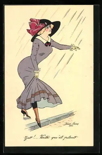 Künstler-AK Xavier Sager: Dame streckt die Hand in den Regen