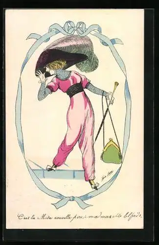 Künstler-AK Xavier Sager: C`est la Mode nouvelle, Dame in pinkem Anzug