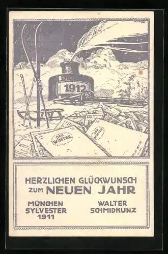 Künstler-AK Carl Kunst: Sylvester 1911, Tintenfass und Schlitten im Schnee