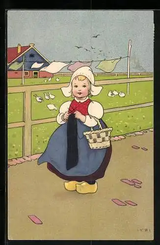 Künstler-AK Fritz Baumgarten: süsses niederländisches Mädchen strickt schwarzes Tuch