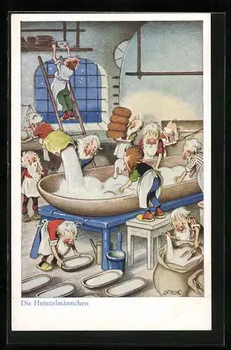 Künstler-AK Fritz Baumgarten: Heinzelmännchen erledigen die Hausarbeit