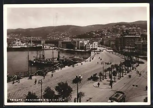 AK Trieste, Panorama e Via Cavour, Strassenbahn