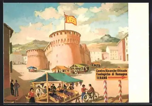 Künstler-AK Riolo Terme, La Rocca, Centro Ricerche Viticole Enologiche di Romagna Tebano