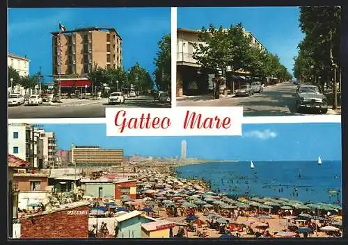 AK Gatteo Mare, Hotel Royal, Strassenpartie, Strand mit Hotel David