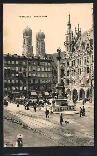 AK München, Marienplatz mit Geschäften und Kirche