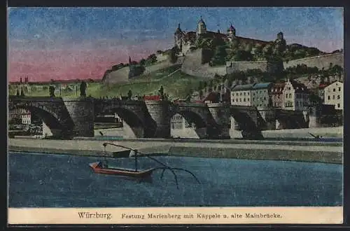 Luna-AK Würzburg, Festung Marienberg mit Käppele und alte Mainbrücke
