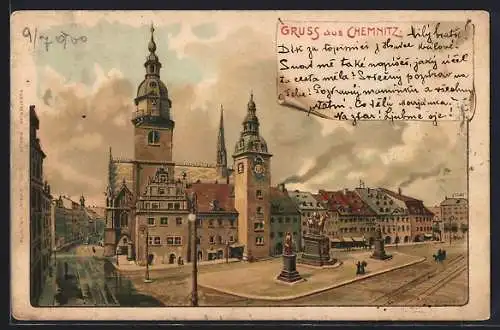 Künstler-AK Erwin Spindler: Chemnitz, Strassenpartie mit Gebäudeansicht und Denkmal