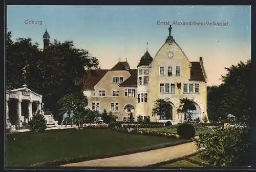 AK Coburg, Ernst Alexandrinen-Volksbad mit Säulenbau und Anlage