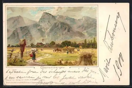 Lithographie Oberammergau, Heuernte mit Bergpanorama