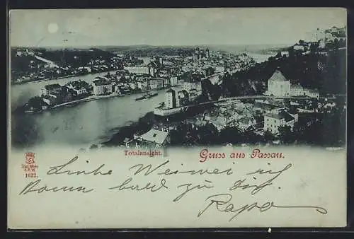 Mondschein-AK Passau, Totalansicht aus der Vogelschau