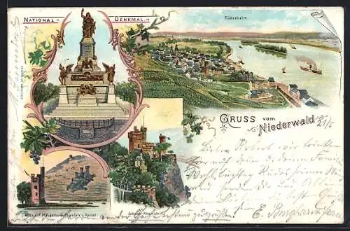 Lithographie Rüdesheim am Rhein, National-Denkmal, Blick auf Mäusethurm, Ehrenfels u. Rossel, Schloss-Rheinstein
