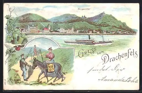 Lithographie Königswinter, Drachenfels-Plateau, Frau auf einem Esel