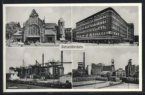 AK Gelsenkirchen, Kohle-Zeche Consolldation, Hochöfen, Hans Sachs-Haus, Bahnhof
