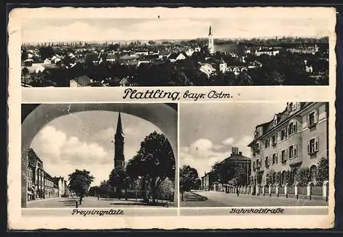 AK Plattling /Bay., Preysingplatz mit Kirchturm, Bahnhofstrasse, Ortsansicht
