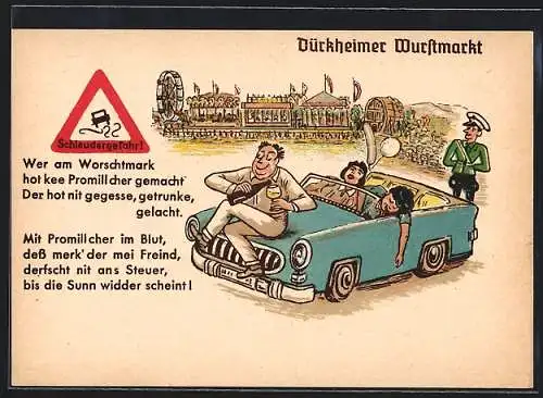 Künstler-AK Bad Dürkheim, Wurstmarkt, Betrunkene Autofahrer
