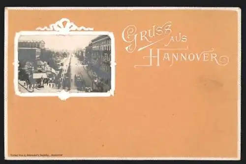 Lithographie Hannover, Strassenpartie mit Strassenbahn, Passepartout