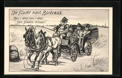 Künstler-AK Flucht nach Bordeaux mit einer französischen Staats-Karre