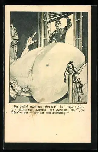 Künstler-AK Joffre im Bett wird von Kronprinz Rupprecht überrascht