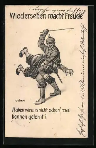 AK Deutscher Soldat versohlt den Hintern eines Feindes, Propaganda 1. Weltkrieg