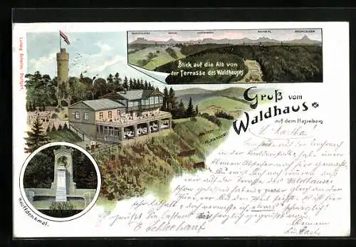 Lithographie Stuttgart, Gasthaus Waldhaus, Hauffdenkmal, Landschaftsansicht von der Terrasse des Waldhauses