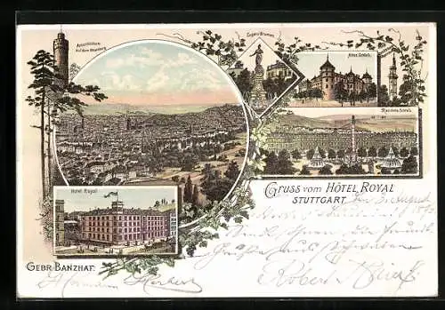 Lithographie Stuttgart, Hotel Royal, Eugens-Brunnen, Altes Schloss