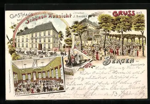 Lithographie Frankfurt-Bergen, Gasthaus zur schönen Aussicht J. Baader mit Garten und Saal
