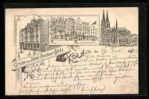 Lithographie Köln a. Rh., Hotel-Restaurant Stolz, Heinzelmännchen-Brunnen, Dom
