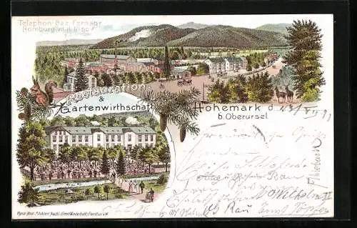 Lithographie Oberursel, Gasthaus Hohemark, Ortsansicht