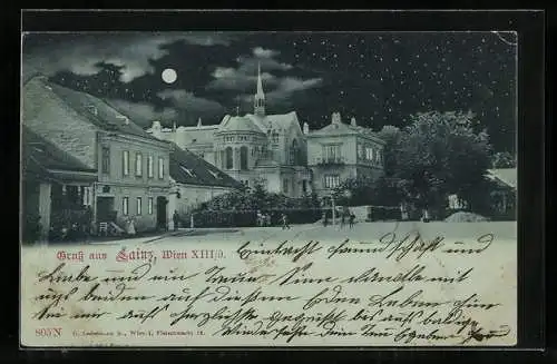 Mondschein-AK Wien, Lainz, Ortspartie mit Blick zur Kirche