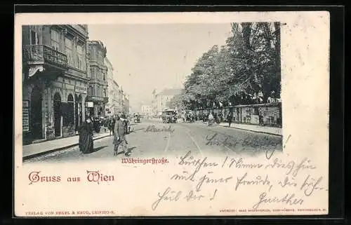 AK Wien IX, Währingerstrasse mit Pferdestrassenbahn und Passanten