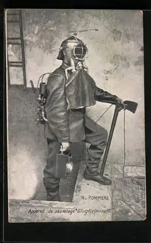 AK Pompiers, Appareil de sauvetage Gluglielminetti, Feuerwehrmann mit Schutzmaske